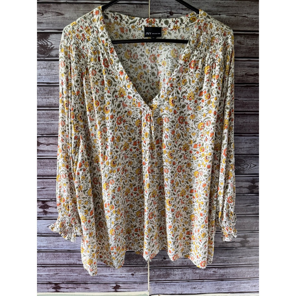 Jones New York JNY Womens 3X Floral V-Neck Long Sleeve Smocked Cuff Rayon Blouse